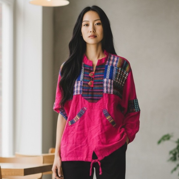 VTG HOMEMADE MEXICAN PONCHO SWEATER Vibrant colorful Patchwork top pink tribal - Picture 1 of 9